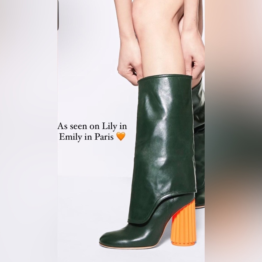 Emily In Paris Agl Made In Italy Stylish Green Boots With Orange Heel